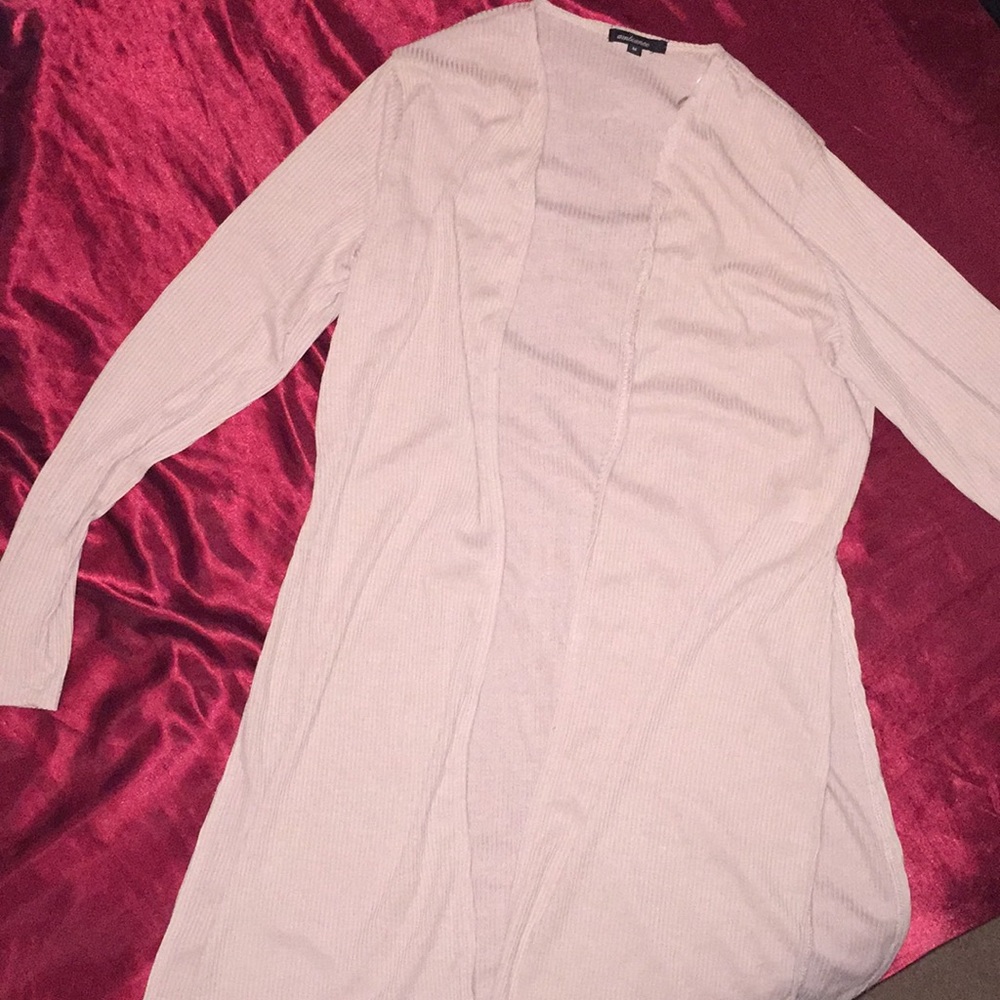Worn once! Long tan cardigan with side slits.
